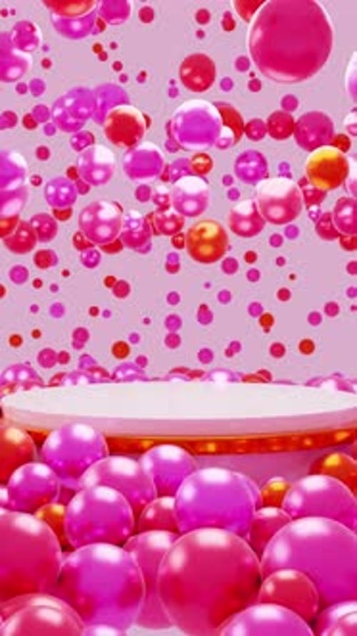 Shiny Pink and Red Spheres Falling on Stage for Product Display
