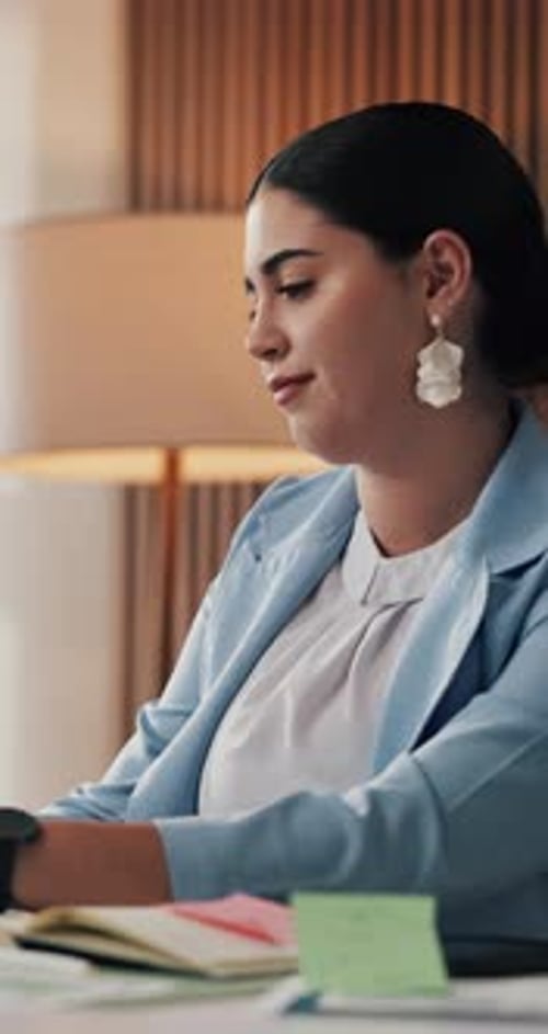 Laptop, thinking and typing with business woman at desk in office for planning or research