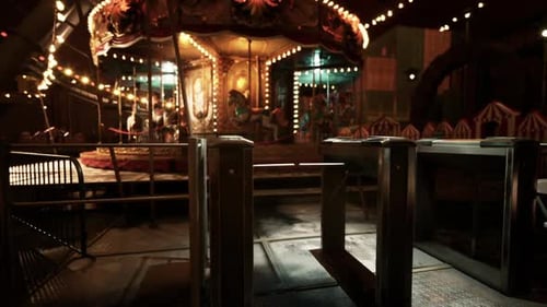 Empty Amusement Park at Night with Illuminated Carousel and Quiet Surroundings