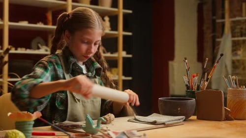 Young Creative Caucasian Little Girl Teen Child Junior Kid Schoolgirl Student Potter Artist Kneading