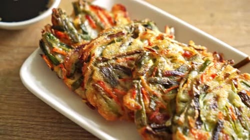 Savory Vegetable Pancakes with Dipping Sauce Close-Up