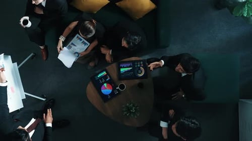 Top down view of smart business team listen investor present idea. Directorate.