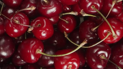 Close-Up Background of Cherries, Rotating and Macro Zoom, Top View.