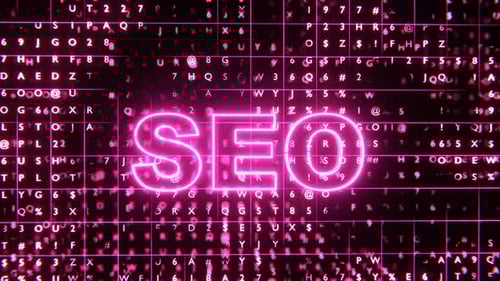 Glowing Neon SEO Text Reveal on Digital Background