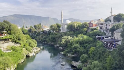 Mostar Neretva river view from Mostar Bridge; no people