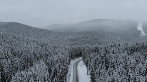 Winter Mountain Road Surrounded By Snowy Trees Aerial View