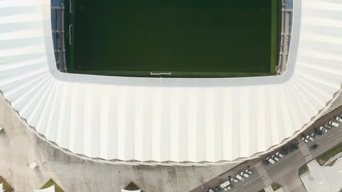 Aerial View of Whole Soccer Stadium Top View of Football Sport Arena with Green Grass and Fan Seats