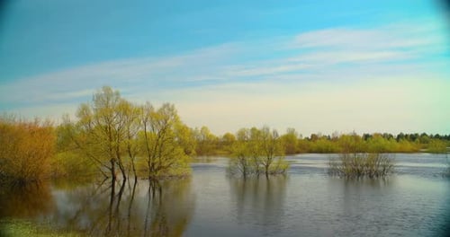 Timelapse Bold Bright Blue Sky Above Nature Landscape During Spring Flood Musical Calmness Concept