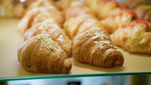 Delicious Freshly Baked Croissants Placed on Counter in Bakery