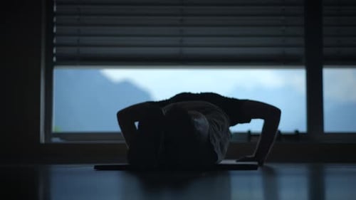 Silhouette of a Person Performing PushUps Against a Beautiful Scenic View Background