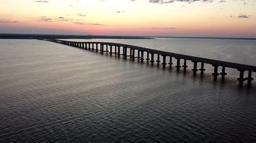 Aerial View Of Bridge On River And Sunset Uhd