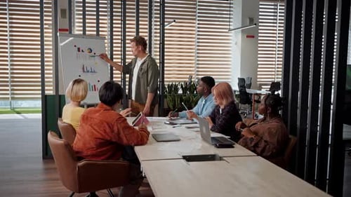 Executive Director Standing at Flipchart Explain the Way to Increase Sales Using Graphs and Charts