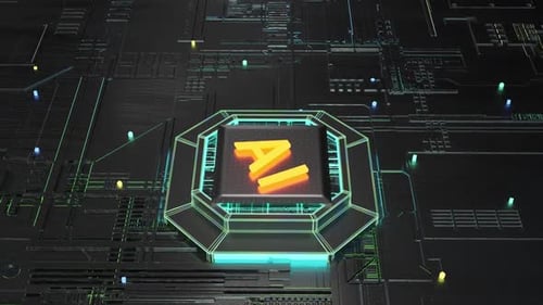 A Computer Motherboard With AI Message On It In A Futuristic City Factory Product