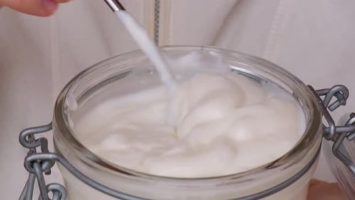 Unrecognizable Woman Eating From Glass Jar Natural Organic Homemade Yogurt Immunityboosting