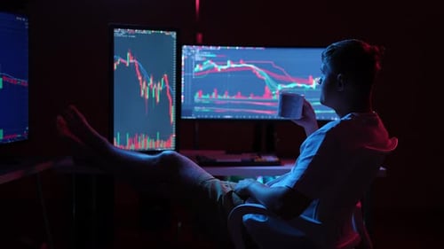 Back View of Trader Male Studying Cryptocurrency and Stock Market Charts on Computer Screens in