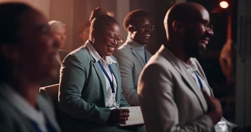 Business woman, audience and writing at convention with laughing, development