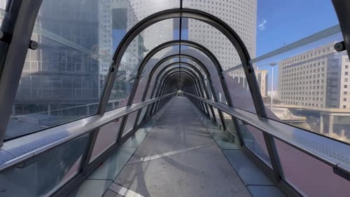 POV Walking on Pedestrian Bridge Inside La Defense Quartier a Major Business District of Paris