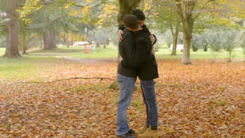 young gay couple looking at each other and embracing at park