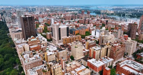 Flying above manhattan buildings. USA modern city aerial view.