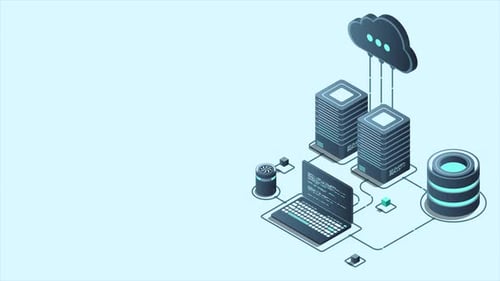 Animación de computación con tecnología en la nube. Tecnología de nube moderna. Concepto isométrico de centro
de datos
