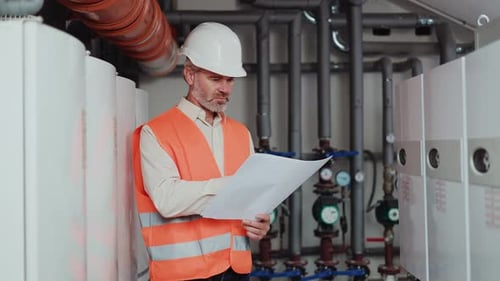 Engineer Reviews Plans Amidst Industrial Pipes and Equipment