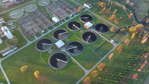Aerial view of a modern urban wastewater treatment plant