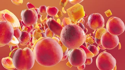 Realistic Falling Peaches and Slices with Refreshing Water Droplets