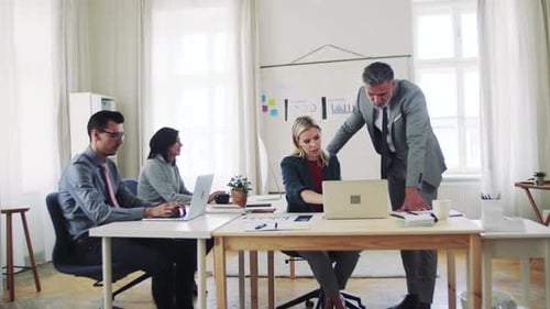 Group of Young and Old Businesspeople with Laptop Working Together in Office