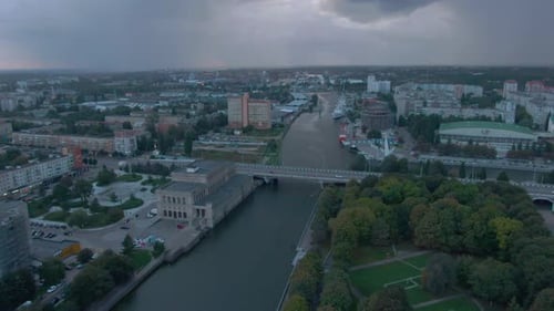Morning aerial view of bridge full of cars over river in Russia