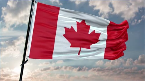 Realistic Canadian Flag Waving Against Blue Sky Background