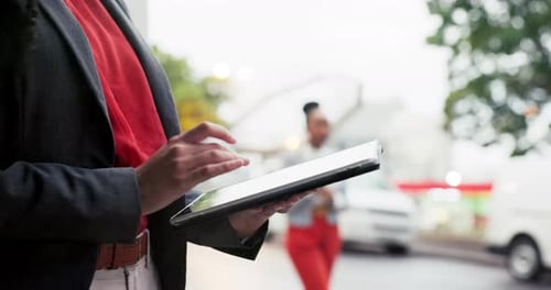 Hands, tablet and a business woman in the city on her morning commute while online for research