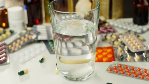 Effervescent Tablet Dissolving in Water with Pills