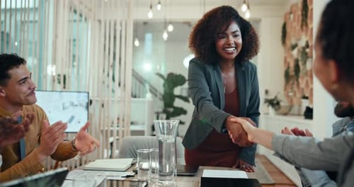 Office, business people and applause with handshake for promotion, welcome or b2b for meeting