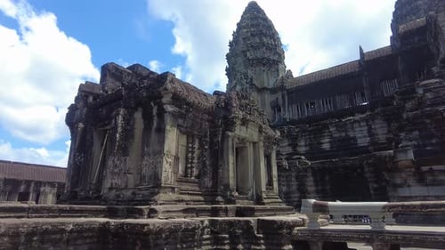 Inside The Angkor Wat Temple Complex In The Main Tower, Heritage Site In Cambodia. Zoom In Shot