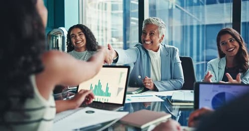 Business people, meeting and applause with handshake for congratulations