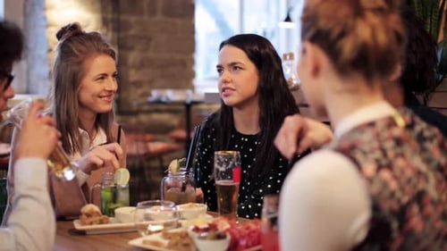 Group Friends Enjoy Drinks and Appetizers at Pub