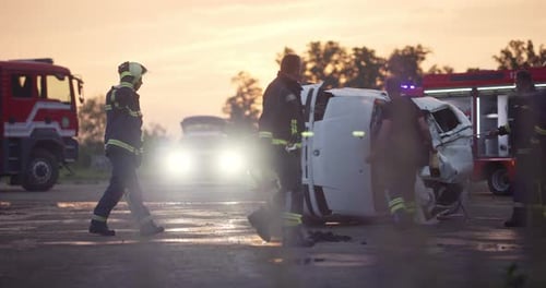 Brave Firefighters Team Walking to the Camera In Background Paramedics and Firemen Rescue Team Fight