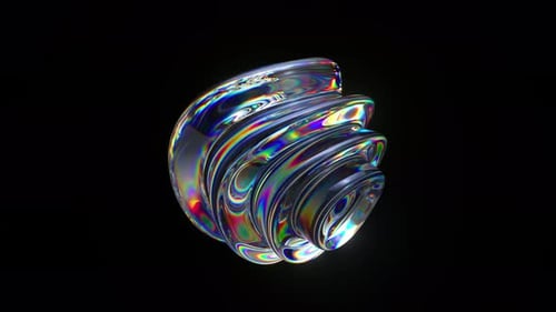 Iridescent Glass Sphere Morphing Dynamically Changing Shape with Fluid Movements Against Dark