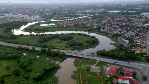 Aerial fly over bridge cross Sungai Juru, Bukit Mertajam
