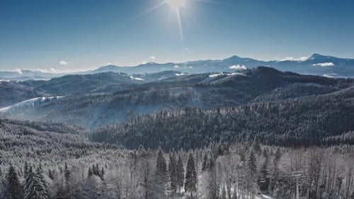 Sun Shining Over Snow Covered Carpathian Mountains in Winter
