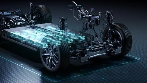Electric Vehicle Chassis Architecture with Glowing Components 3D Animation