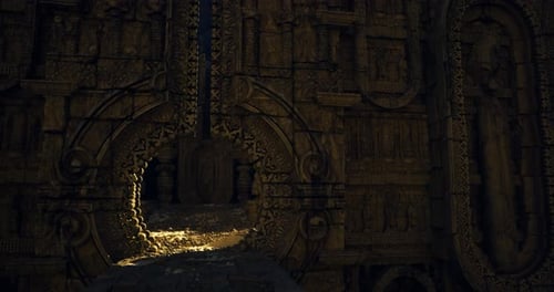 Silent Corridor Featuring Detailed Wall Carvings and Guardian Aura