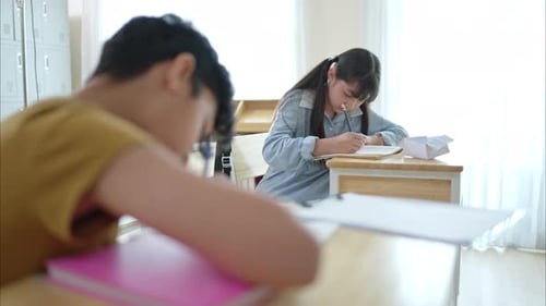 Children Studying at Desks in Classroom Setting