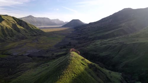 Aerial view of Mount Bromo valley, Indonesia.