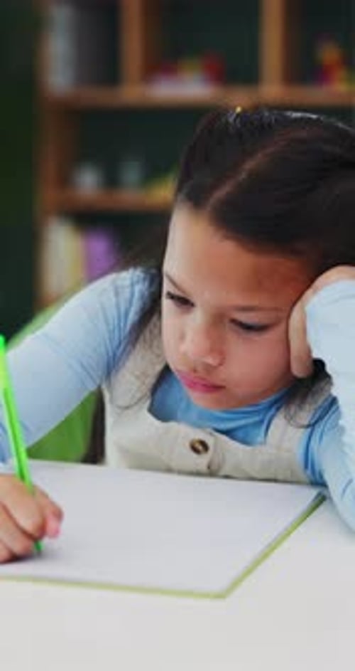 Development, education and notebook with girl student in home study for growth or learning