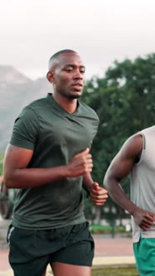 Men, friends and sprint for cardio, fitness and wellness in park for urban marathon club