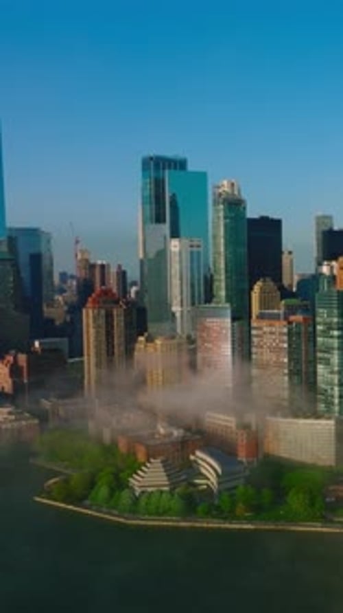 Lower Manhattan Financial District in the light of bright sun. New York city skyline