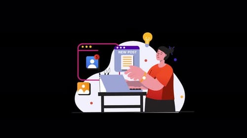 Young adult working on a laptop, creating a new post.