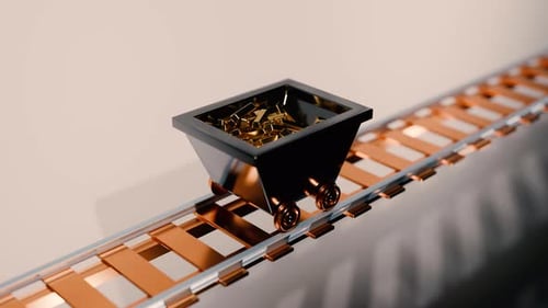 Animated Mine Cart Carrying Gold Nuggets on a Track