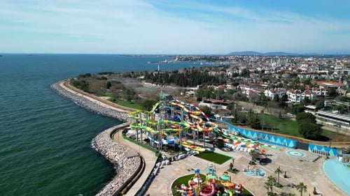 Istanbul Turkey circa 2023: Marina Aquapark, Oceanfront zone zoom-out shot